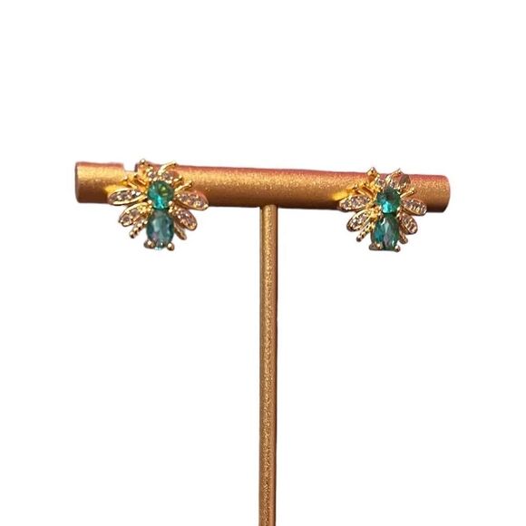 Blue Cubic Zirconia Gold Tone Bee Stud Earrings NWT - Picture 3 of 4